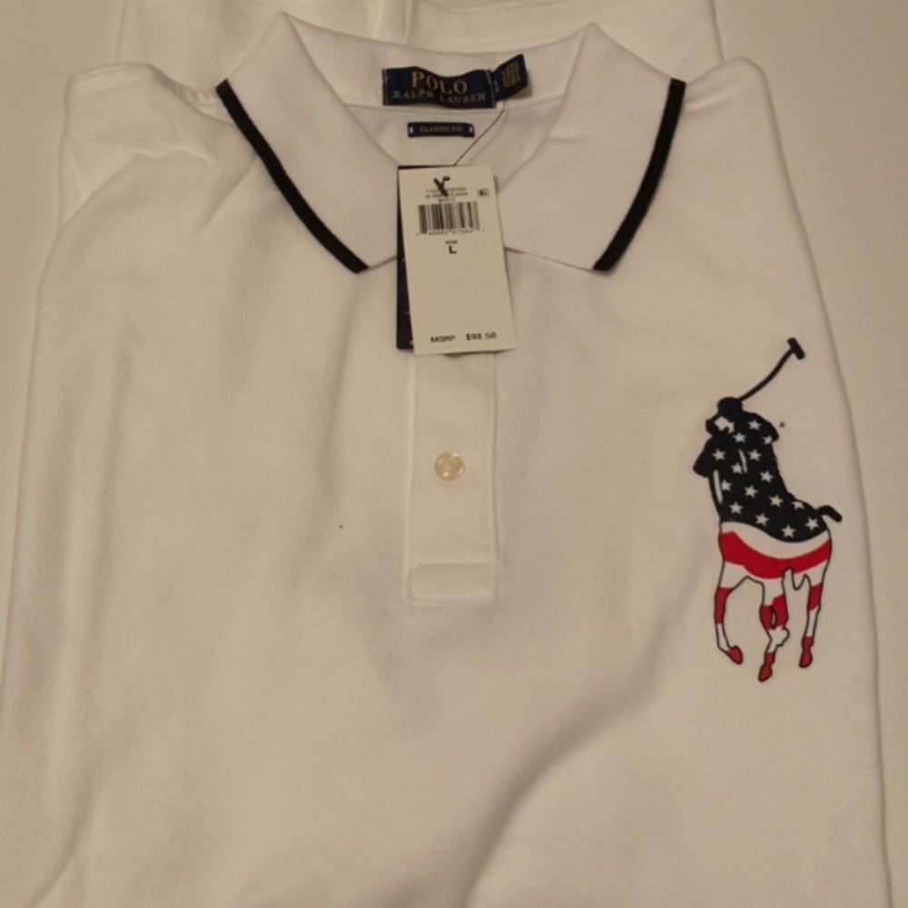 RALPH LAUREN POLO LARGE FLAG HORSE WHITE POLO
